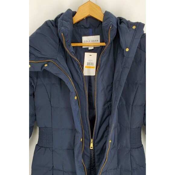 New Cole Haan Signature Double Zip Front Coat Parka Down Filled Navy Blue Small - Picture 5 of 7